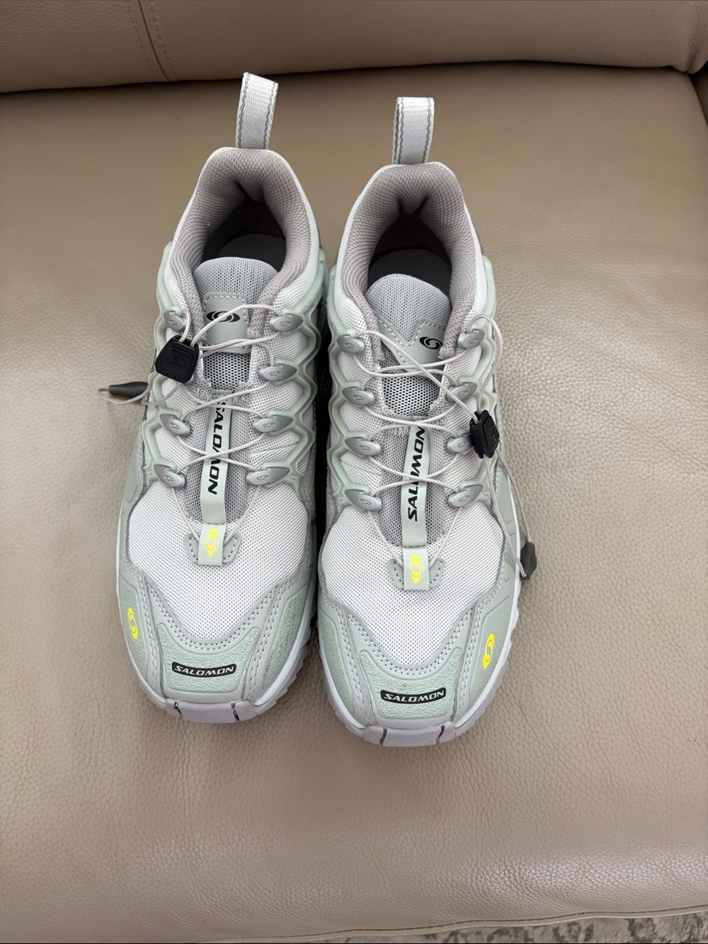 Salomon Light Gray with Mint Green and Yellow Accent Trail Runners